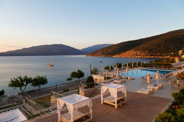 Sunrise at greek island. Beautiful view at Agia Efimia bay early at the morning, Cephalonia island, Greece.