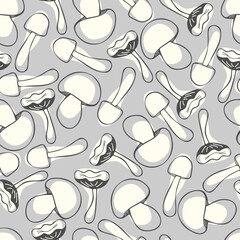 The drawing is seamless with the image of mushrooms on a gray background. For printing on fabric, paper, clothing, bed linen, etc