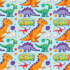 Seamless pattern with cute dinosaurs and font on blue background