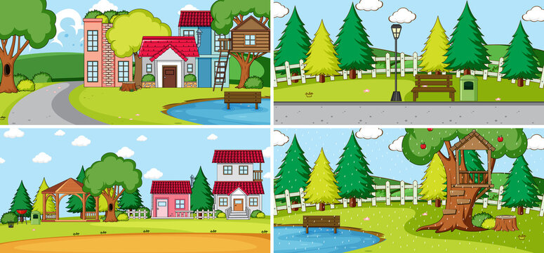 Set of different houses in nature scenes cartoon style