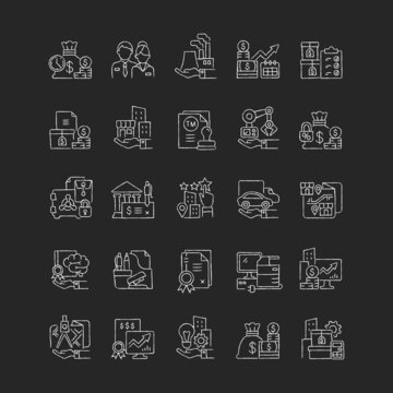 Business assets chalk white icons set on dark background. Company owned items. Resources for productivity, efficiency and revenue promotion. Isolated vector chalkboard illustrations on black