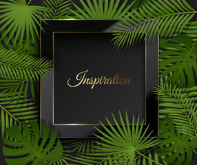 Glass black frame with gold edge on green summer tropical background, exotic palm leaves and plant. Vector floral design. Square glossy luxury black and golden line frame. Border for logo, headline © iaroslavka
