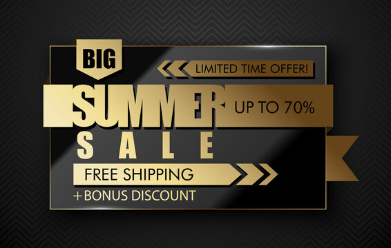Glossy black and gold summer sale banner. Vector golden ribbon text, limited time offer, free shipping, bonus discount, up to 70 percent on black background