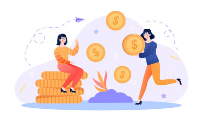 Successful business women are standing and sitting near stack of money. Concept of rich and successful women in business with lots of money. Flat cartoon vector illustration