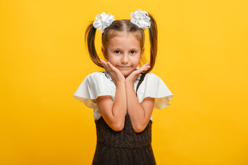 Close up photo of oud girl, portrait with different emotions, isolated yellow color background