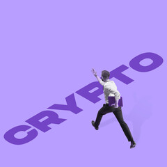 Art collage with busy businessman with folder running through the lettering crypto over purple background