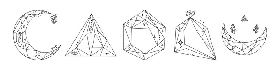 Lineart crystals florariums, set of different forms, symbols. Black illustration isolated on white background