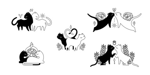 Obraz premium Set of black and white cat couples in love, different poses, cute cat silhouette. Black illustration isolated on white background