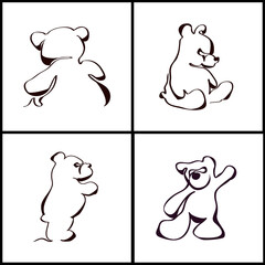 Set of contour toy teddy bears on white background