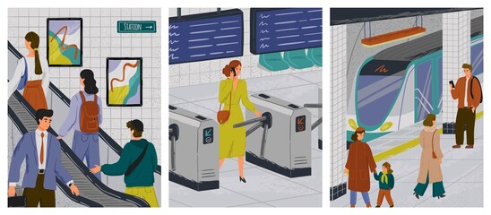 People at subway station vector illustration set. Passengers at metro platform waiting for subway train. People on escalator. Woman with mobile phone passing turnstile. Urban public transport concept