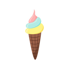 Colored flat icon with an ice cream cone. Summer mood. Element, clipart, object, item for sticker, logo, label, emblem. For an ice cream maker, a seller of cold snacks, a summer festival or a fair.