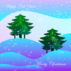 Christmas trees and falling snow Merry Christmas and Happy New Year postcard, many trees on the background, congratulations on the winter holidays