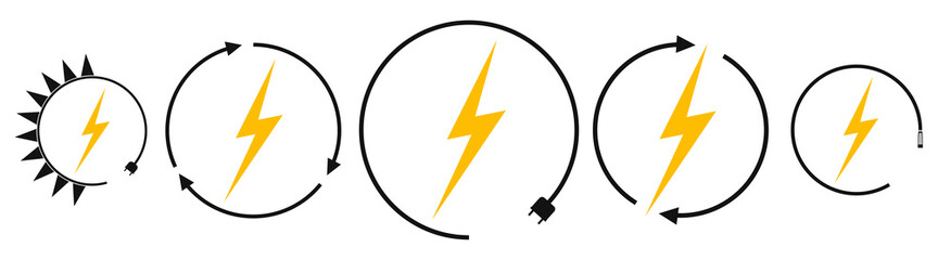 Electric car charging and renewable energy icons, graphic design template, lightning bolt, vector illustration