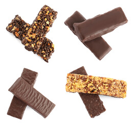 Set with different delicious protein bars on white background, top view