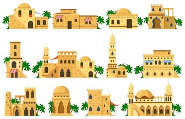 Arabic oriental traditional mud brick architecture buildings. Muslim authentic mud houses, mosque, rotunda, tower vector illustration set. Traditional arabic ancient houses - obrazy, fototapety, plakaty