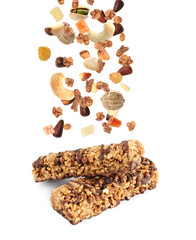 Tasty protein bars and granola with nuts and dried fruits falling on white background