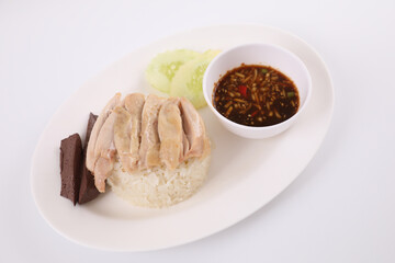 Thai food gourmet steamed chicken with rice , khao mun kai in wood background