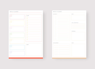 Modern planner template set. Set of planner and to do list. Daily and weekly planner template. Vector illustration.