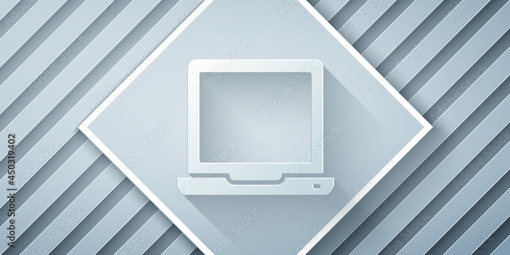 Poster paper cut laptop icon isolated on grey background. computer notebook with empty screen sign. paper a