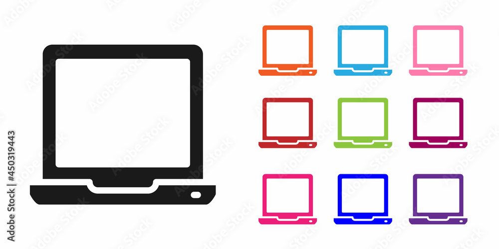 Poster black laptop icon isolated on white background. computer notebook with empty screen sign. set icons 