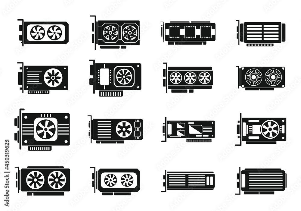 Poster graphics card icons set simple vector. video board