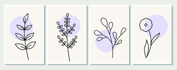 Abstract elements, minimalistic simple floral elements. leaves and flowers. Collection of art posters in pastel colors. design for social networks, postcards, prints. Outline, line, doodle style. 