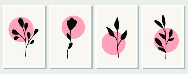 Abstract elements, minimalistic simple floral elements. leaves and flowers. Collection of art posters in pastel colors. design for social networks, postcards, prints. Outline, line, doodle style. 