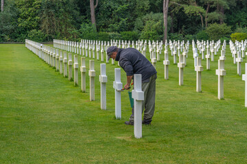 Colleville-Sur-Mer, France - 08 03 2021: Normandy American Cemetery and Memorial and the white...