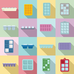 Ice cube trays icons set flat vector. Cool container
