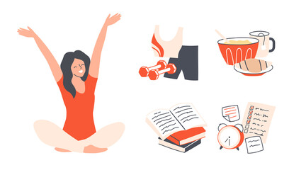 Happy woman stretching and planning her day - reading, exercising, healthy breakfast. Morning routine and daily schedule. Flat vector illustration