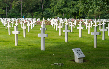 Colleville-Sur-Mer, France - 08 03 2021: Normandy American Cemetery and Memorial and the white...