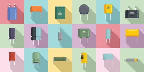 Capacitor icons set flat vector. Polyester ceramic capacitor