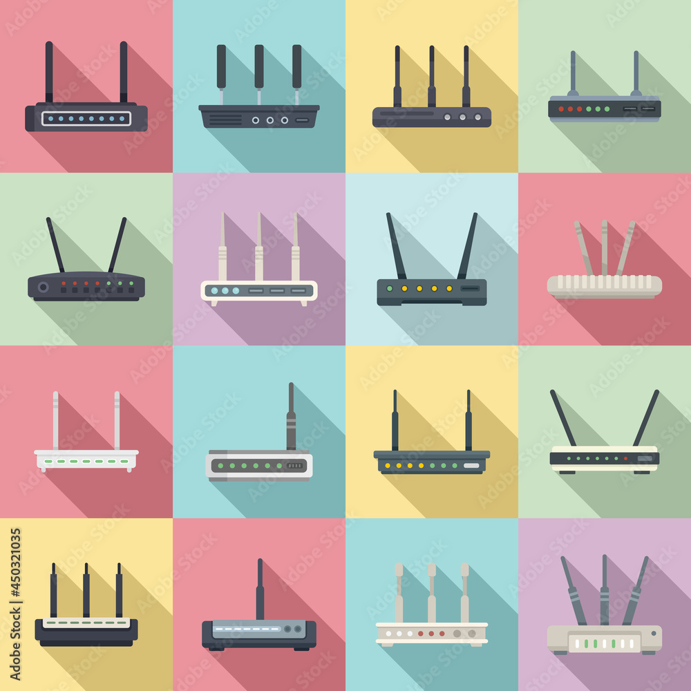 Poster modem icons set flat vector. internet router