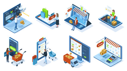 Isometric mobile e-commerce online shopping concept. People make purchases use mobile apps and payment systems vector illustration set. Mobile shopping orders