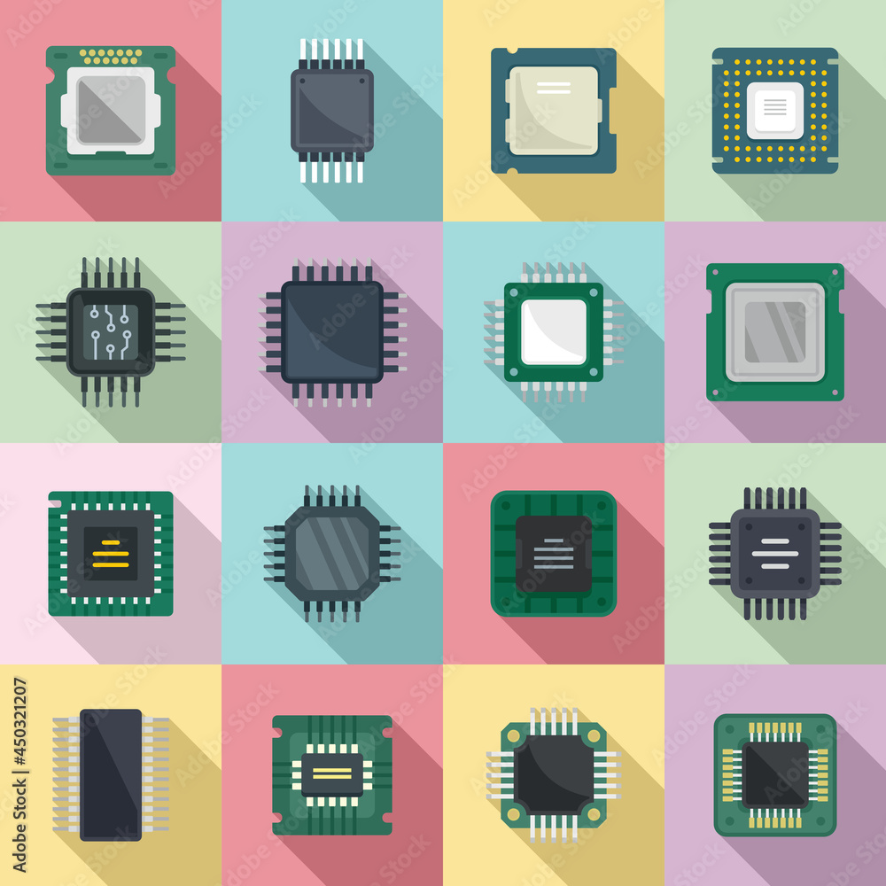 Poster processor icons set flat vector. central computer card