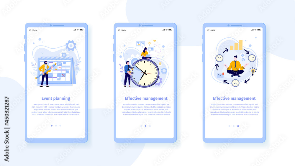 Poster time management mobile interface template. man with pencil and schedule planning events and tasks. e