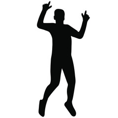 Silhouette of a man, a boy of black color in a jump with his hands up. Flat style. Vector image isolated.