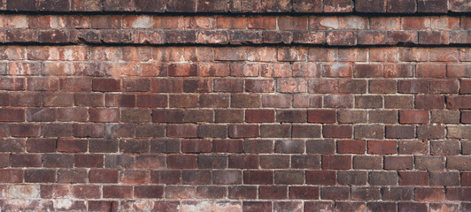 grunge back street brick panoramic wall background textured building construction surface with frame ending element on the top - obrazy, fototapety, plakaty