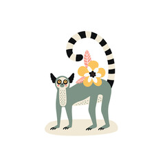vector illustration hand-drawn cartoon character animal lemur with flower, Abstract doodle elements isolated on white. Cute safari animal © Lana