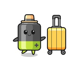 battery cartoon illustration with luggage on vacation