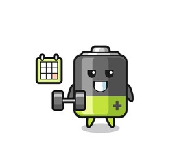 battery mascot cartoon doing fitness with dumbbell
