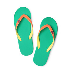 Pair of stylish bright flip flops isolated on white, top view