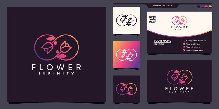 Creative rose infinity logo with linear style and business card design Premium Vector