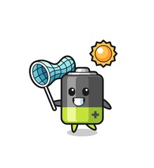 battery mascot illustration is catching butterfly