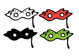 Vector set of masquerade masks in red and green colors. doodle-style carnival face mask, isolated black outline and silhouette on a white background for a holiday design template, postcards, labels