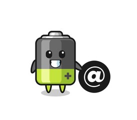 Cartoon Illustration of battery standing beside the At symbol