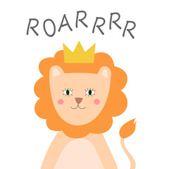  Cute lion in crown. Lovely cartoon animal character. Roarrrr