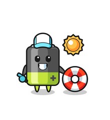 Cartoon mascot of battery as a beach guard