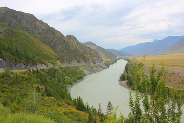 bend of the katun river along the road and the mountain