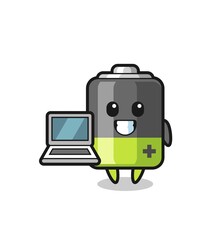 Mascot Illustration of battery with a laptop